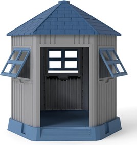 Casota para cães exterior com 2 janelas e claraboia, telhado inclinado, design tipo celeiro para animais de estimação pequenos e médios, azul + cinza