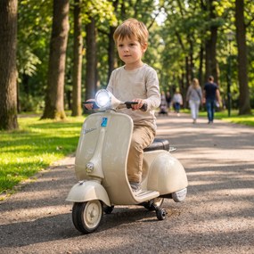 Mota Elétrica Infantil VESPA com Arranque Suave Rodinhas Luz Música e USB Bege