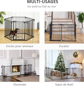 Barreira de Segurança para Animais Dobrável e Modulável, 362,5 x 2 x 76 cm, 6 Painéis com Porta, Preto