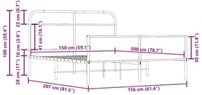 Estrutura de cama sem colchão 150x200 cm metal carvalho fumado