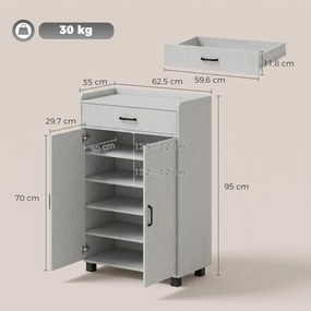Sapateira, Móvel para Sapatos com 2 Portas, 62,5 x 35 x 95 cm, Prateleiras Reguláveis, Cinzento