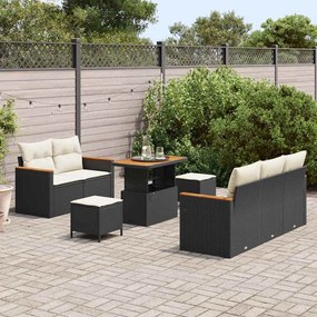 Conjunto de Sofá de Jardim de 8 Peças com Almofadas Preto Rattan Poli