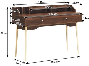 Secretária Mesa de computador com gaveta, pés de madeira de borracha e 2 compartimentos para escritório de estudo 120 x 50 x 93 cm Castanho