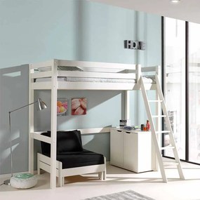Cama alta de Criança PINO 90 x 200 cm + estrado + escada + armário com 2 portas + sofá-cama Branca