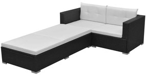 3 pcs conjunto lounge de jardim c/ almofadões vime PE preto