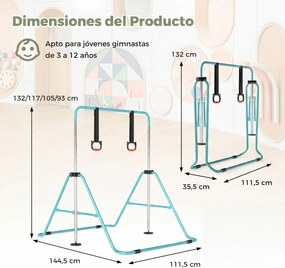 Barra de Ginástica para Crianças, 111,5 x 144,5 x 132 cm, Ajustável em 4 Níveis de Altura, Azul