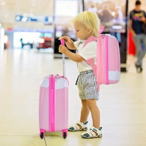 Conjunto de 2 malas de mão infantil com rodas, mala dura, mochila portátil, bagagem rolante Rosa