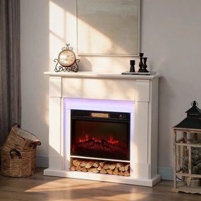 Lareira Elétrica com Efeito de Chama 3D e Tira de Luz LED RGB 1800W Temporizador  para 30 m² 105x27x97 cm Branca