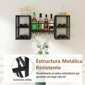 Garrafeira de parede 89 x 25 x 40 cm para vinho com suportes para garrafas, suportes para copos, prateleiras abertas, estrutura metálica, estilo indus