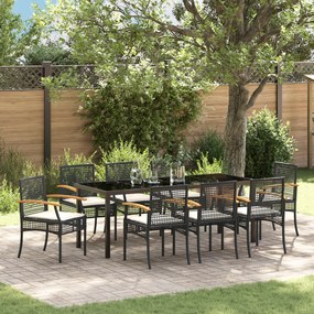 vidaXL Conjunto de Jantar de Jardim 9 Peças com Almofadas - Rattan Poliéster Preto