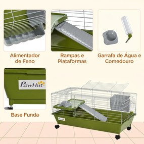 Gaiola para Pequenos Animais com Rodas Bebedouro Comedouro e Dispensador de Feno para Coelhos e Porquinhos-da-Índia 89x44x43 cm Verde