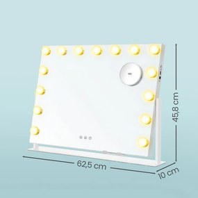 Espelho maquilhagem LED com 15 lâmpadas 10 x 62,5 x 45,8 cm, ampliação de 10 vezes, porta de carregamento branco