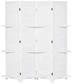 HOMCOM Biombo de 4 Painéis de Madeira Separador de Ambiente Dobrável com 3 Prateleiras Removíveis Desenho Persiana para Dormitório Escritório 160x170cm Branco