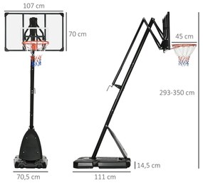 Cesto de Basquetebol com Altura Ajustável Rodas Base Preenchida com Água ou Areia para Exterior 111x70,5x293-350 cm Preto