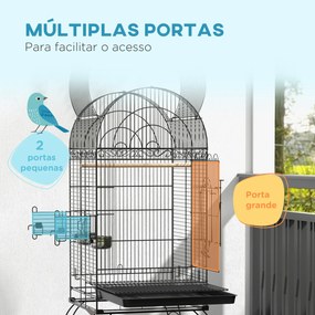 Gaiola para Pássaros com Rodas Bandeja Amovível Prateleira 2 Comedouros de Aço Inoxidável e Poleiro 51x51x153 cm Preto