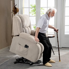 Poltrona Reclinável Elétrica Elevatória com Massagem Vibratória, Calor, Assento Largo, USB e Bolsos, Bege