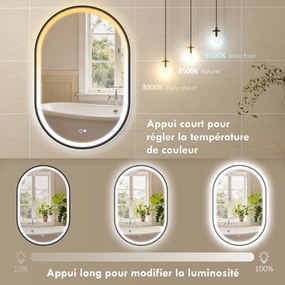 Espelho de casa de banho com iluminação LED 50 x 70 cm, espelho luminoso de parede para casa de banho com interruptor tátil, luz com 3 cores preto