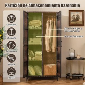 Armario de vime com 2 portas PE com varão para pendurar e 4 cubos de arrumação Organizador de roupa para casa pátio garagem Castanho