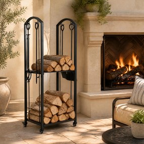 Estante Vertical para Lenha, 46 x 33 x 121,5 cm, Conjunto de Ferramentas, Preto