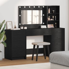 vidaXL Conjunto de Mesa de Maquilhagem em 3 Peças com Espelho LED em Madeira Engenheirada Preto