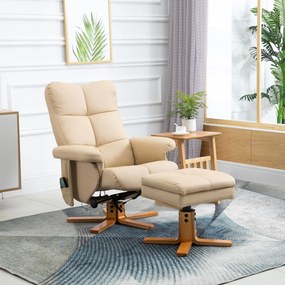 Poltrona de relaxamento com massagem e pufe, poltrona giratória a 360°, encosto reclinável, 80 x 86 x 99 cm, creme
