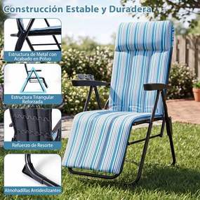 Espreguiçadeira de Jardim Dobrável, 59,5 x 79 x 112 cm, Encosto de 6 Posições, Azul + Branco