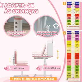 Conjunto de Secretária e Cadeira para Crianças Secretária Infantil Altura Ajustável 80x55x107,5 cm Rosa