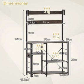 Armário Cozinha de 5 níveis com estação de carregamento, luzes LED RGB e controle remoto para cozinha 90 x 40,5 x 147 cm castanho