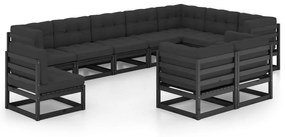vidaXL 10 pcs conjunto lounge jardim c/ almofadões pinho maciço preto