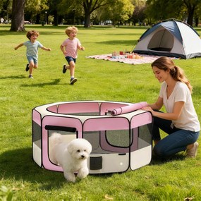 Parque Dobrável para Cães e Gatos Cercado Portátil para Animais Pequenos em Tecido Oxford Impermeável com 2 Portas Ø120x58 cm Rosa