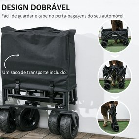 Carrinho de Transporte Dobrável com Bolsa Térmica Removível Capacidade 100 kg para Campismo Praia 113x57x77-100 cm Preto