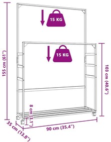 Cabide com prateleiras e rodas 90x35x155 cm bambu