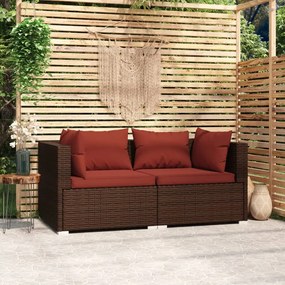 vidaXL Sofá de jardim 2 lugares com almofadões vime PE castanho