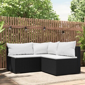vidaXL 3 pcs conjunto lounge de jardim c/ almofadões vime PE preto