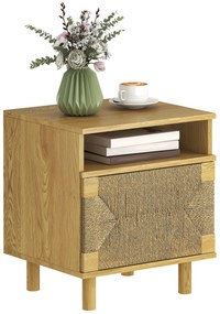 Mesa de Cabeceira Estilo Bohémio com Porta de Corda de Papel Prateleira Aberta e Abertura por Pressão 45x39x50 cm Cor Carvalho