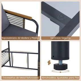 Conjunto Jardim de 3 peças de vime com almofadas, mesa retangular e cadeiras para varanda ou jardim castanho e cinza escuro