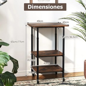 Suporte para impressora de 3 níveis 49 x 40 x 65/77 cm com 2 alturas ajustáveis Prateleiras de armazenamento Rodas universais bloqueáveis Café