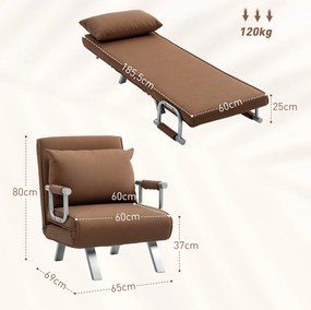 Sofá Cama Individual Sofá Cama Individual Sofá Reclinável com Almofada para Sala Quarto Carga 100 kg 65x69x80 cm Castanho
