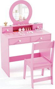 Conjunto de Toucador Infantil de Princesa com Cadeira, 70 x 40 x 110 cm, Espelho Inquebrável, Rosa