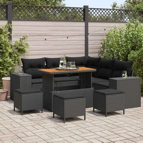 vidaXL Conjunto de Sofá de Jardim com 9 Peças, Almofadas Pretas, Polyrattan e Madeira de Acácia