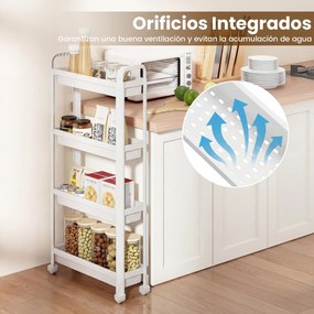 Carrinho estreito de 4 níveis com rodas e pegas 54 × 18,5 × 103 cm Organizador móvel para cozinha, casa de banho, lavandaria e escritório Branco