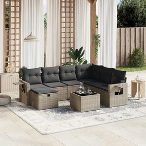 8 pcs conjunto sofás de jardim c/ almofadões vime PE cinzento