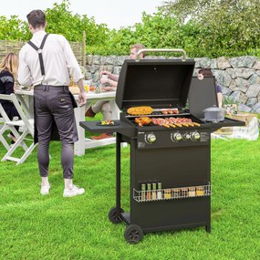 Grelhador a gás com 3+1 queimadores em aço, potência de 9,5 kW, churrasqueira de jardim com 2 grelhas e prateleiras laterais, 2 rodas, preta