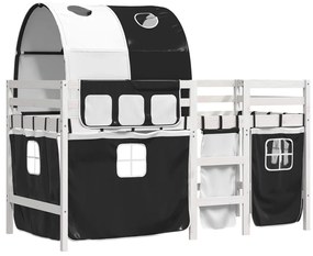 Cama alta criança c/ túnel 90x200 cm pinho maciço branco/preto