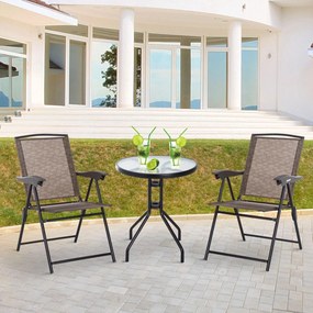 Conjunto de Mesa e 2 Cadeiras Cadeira Dobrável Encosto Reclináveis a 4 Níveis Armação de Aço Castanho