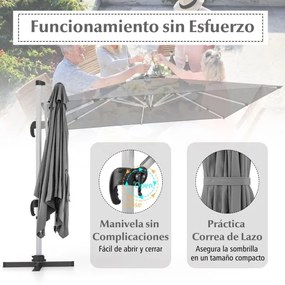 Guarda-sol quadrado de alumínio de 3 m com rotação de 360° e inclinação ajustável, resistente ao vento, para jardim, piscina, terraço Cinzento