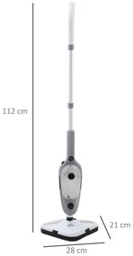HOMCOM Mopa a Vapor 1300W Limpador a Vapor Multifuncional com Depósito de 450ml e 11 Acessórios Incluídos Aquecimento em 20-30 Segundos 28x21x112cm Cinza e Branco