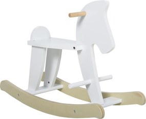 HOMCOM Cavalo de Balanço em Madeira - Brinquedo de Balanço com Alças, Apoio para os Pés e Batentes - MDF Contraplacado Branco e Madeira Natural | Aosom Portugal
