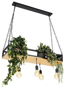Candeeiro de suspensão industrial preto com madeira 5 luzes - Shelf