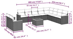 11 pcs conjunto sofás de jardim c/ almofadões vime PE preto